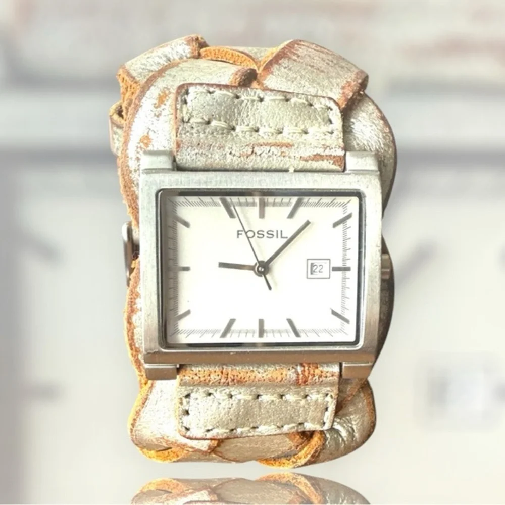 Vintage Fossil 90s Y2K Leather Braided‎ Woven Thick Band Quartz Watch Time Piece